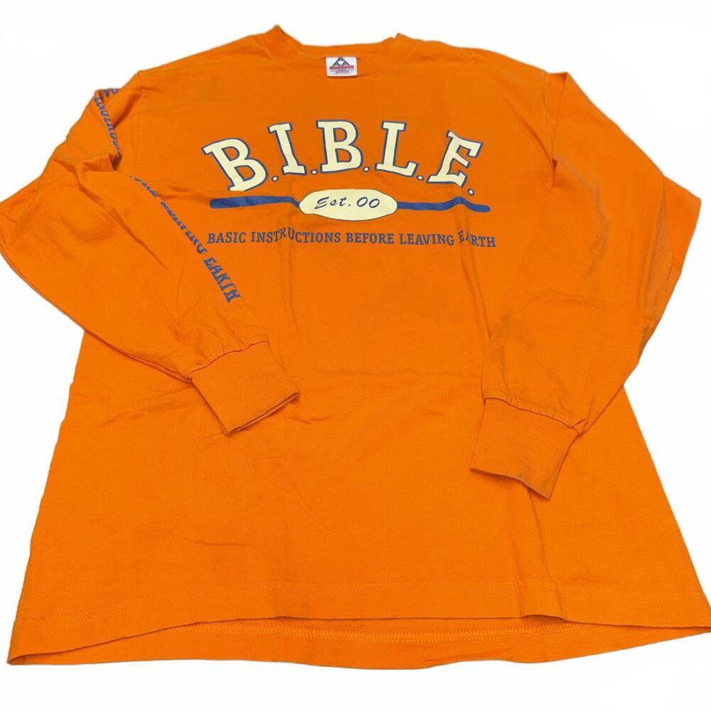 Vintage BIBLE Basic Instructions Before Leaving Earth Orange Long Sleeve Tee M